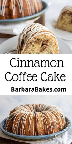 cinnamon coffee cake with white icing on a plate next to a bundt cake