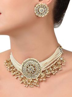 Gold Tone Kundan & MultiStrand Pearls Choker Necklace & Earring Set For Women VitansEthnics Pearl Beads Necklace, Pearls Choker, Elegant Choker, South Indian Jewelry, Pearl Choker Necklace, Necklace And Earring Set, Pearl Choker, Dress Jewelry, Stunning Jewellery