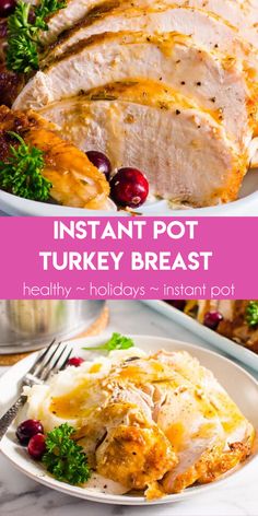 instant pot turkey breast on a plate with cranberries and parsley