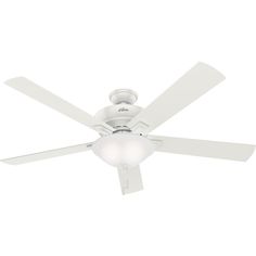 a white ceiling fan with a light on the top and two blades attached to it