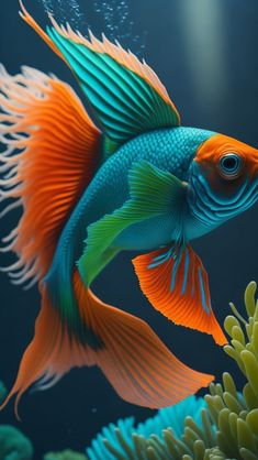 an orange and blue fish is swimming in the water