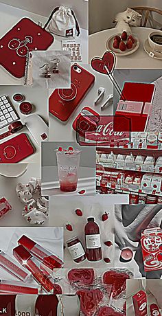 a collage of red and white items with hearts on the top, in various pictures