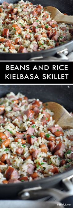 beans and rice kielbasa skillet is shown in two separate pans with wooden spoons