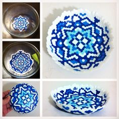 four pictures showing how to make a bowl with blue and white designs