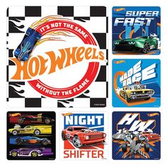 hot wheels stickers are shown in four different colors and sizes, including one for the car