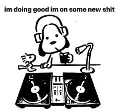 a cartoon dog with headphones sitting at a record player's turntables