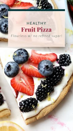 healthy fruit pizza with lemons, strawberries and blueberries