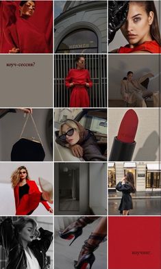 a collage of photos with red and black colors, including woman's clothing