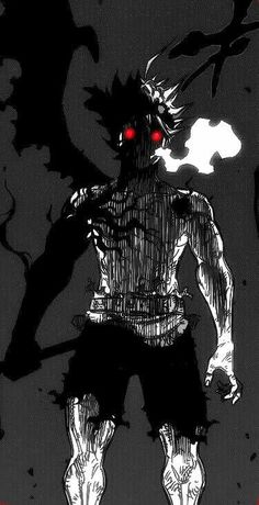 an anime character with red eyes standing in front of a black and white background,