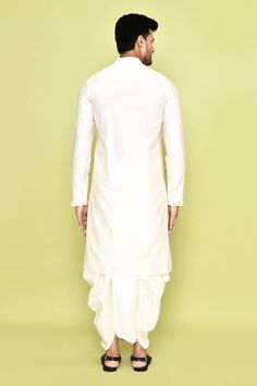 Beige silk kurta with thread and mirror embroidery. Comes with art silk dhoti pant. - Aza Fashions Handloom Kurta For Traditional Ceremonies, Slub Silk Sherwani For Wedding With Traditional Drape, Traditional Handloom Cotton Silk Churidar, Handloom Kurta For Navratri Traditional Ceremonies, Wedding Sherwani In Slub Silk With Traditional Drape, Wedding Slub Silk Sherwani With Traditional Drape, Unstitched Raw Silk Sherwani For Puja, Raw Silk Sherwani With Pallu For Puja, Traditional Cotton Silk Kurta For Puja