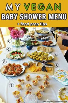 a baby shower menu with food on the table and instructions for how to make it