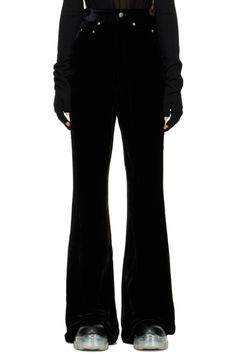 Rick Owens: Black Bolan Bootcut Trousers | SSENSE Luxury Black Wide Leg Pants, Elegant Velvet Bottoms For Workwear, Chic Velvet Formal Pants, Formal Velvet Bottoms For Fall, Luxury Wide Leg Pants For Fall, Elegant Black Velvet Bottoms, Bootcut Trousers, Black Bootcut Jeans, Fly Logo