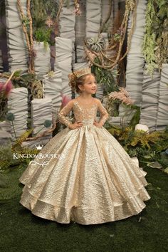 "Gorgeous Gold flower girl dress with multilayered skirt, satin corset with long sleeves, buttons, lacing. The dress fastens with a vertical row of buttons. The elegant brocade sash with bow is on the waistline. Specially designed of unique girls dress pattern for your chic special occasions, wedding, birthday, first communion, pageant, bridesmaid party, Christmas. Item material:   upper layer of the skirt - brocade                             middle layer of the skirt - tulle                            lower layer of the skirt - taffeta                            corset - tulle, lace, buttons Item color: Gold                       Size: 12m-2-3-4-5-6-7-8-9-10 The size chart is the picture of the listing. If your measurements do not match to those specified in the standard size chart, we c Gold Flower Girl Dress, Gold Flower Girl, Girls Gold Dress, Pink Flower Girl Dresses, Princess Flower Girl Dresses, Kids Gown, Bow Belt, Dress Birthday, Flower Girl Dress Lace