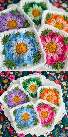 crocheted granny granny's flower coasters are shown in different colors