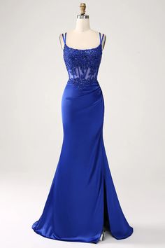 ZAPAKA Women Royal Blue Prom Dress Mermaid Corset Beaded Long Evening Party Dress with Slit – ZAPAKA UK Dark Navy Blue Prom Dress, Royal Blue Graduation Dress, Dark Blue Prom Dresses, Blue Graduation Dresses, Mermaid Corset, Royal Blue Prom Dress, Navy Blue Prom Dress, Royal Blue Gown, Tight Prom Dresses