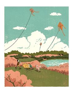 an illustration of people flying kites in the sky over a lake and trees with pink flowers