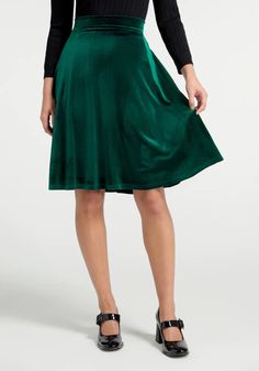 Let's Circle Back Velvet Skirt | ModCloth Holiday Party Pants, Velvet Circle Skirt, Velvet Bottoms, Green Velvet Skirt, Designer Plus Size Clothing, Holiday Skirts, Statement Outfit, Gingham Skirt, Christmas Outfits Women