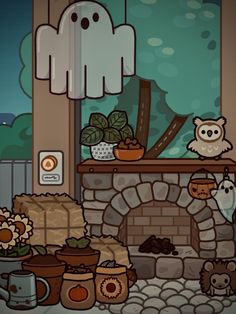 an animated image of a fireplace with potted plants and owls sitting on the mantle