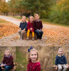 three children are sitting on a bench in the fall leaves and posing for their family photos