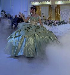 Princess And The Frog Aesthetic Quince, Tiana Quince Dress, Princess And The Frog Quinceanera Theme Dress, Princess And The Frog Sweet 15, Green Debut Dress, Princess And The Frog Quince Dress, Princess And The Frog Aesthetic Sweet 16, Sweet 16 Dresses Green, Light Green Quince Dress