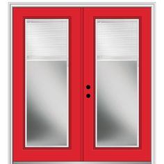 a red double door with blinds on the top and side panels, in front of a white background