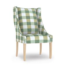 a green and white checkered upholstered chair with wooden legs on an isolated background