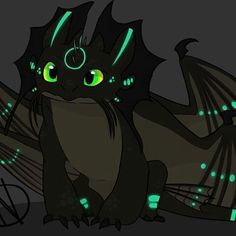 a black dragon with glowing green eyes sitting on the ground in front of a dark background