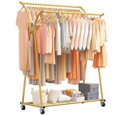 a rack with clothes and other items on it in front of a white background,