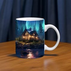 a coffee mug sitting on top of a wooden table