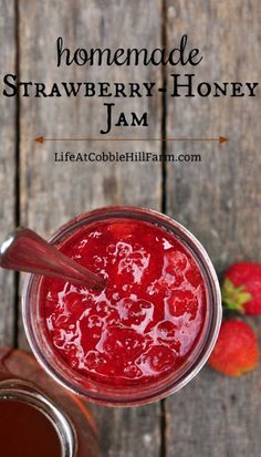 homemade strawberry honey jam in a mason jar