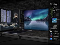 an image of a living room set up with the northern lights mural