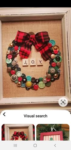 an image of a christmas wreath made out of buttons and button holes with the word joy on it