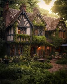 an old house with ivy growing all over it's roof and windows, surrounded by greenery