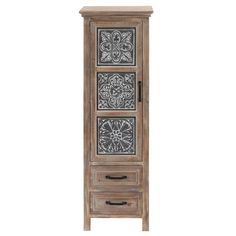 a wooden cabinet with two drawers and an intricate design on the front, one door open