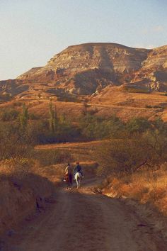 two people riding horses down a dirt road in front of a mountain range with trees and bushes