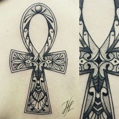 two cross tattoos with designs on them