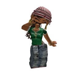 an animated woman wearing shorts and a green shirt is holding her hand up to her face