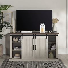 a flat screen tv sitting on top of a wooden cabinet next to a potted plant