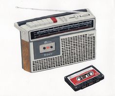 a drawing of an old fashioned radio next to a cassette player with a tape recorder on the side