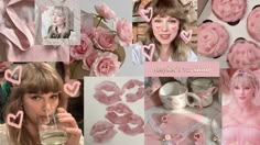 a collage of photos with pink flowers and hearts