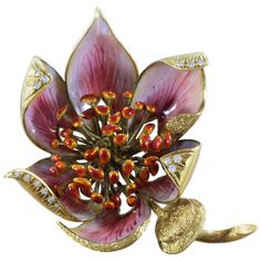 A beautifully made Italian flower brooch with intricate hand painted enamel. Accenting the piece are full-cut diamonds set in 18K yellow gold. Attention to detail is strong in this piece, seen in the enamel painting on the pedals and the gold work and enameling on each individual pistol in the center of the flower. Dimensions: 2.1 x 1.7 inches Italian Flowers, Diamond Flower Brooch, Enamel Painting, Round Diamond Setting, Brooch Bouquets, Antique Brooches, Gold Work, Enamel Flower, Diamond Flower