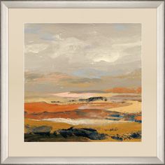 an abstract painting with oranges, blue and grey colors on the horizon is shown in a silver frame