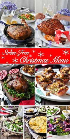 a collage of photos showing different types of christmas food and holiday decorations on plates