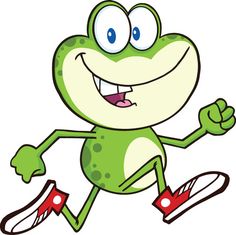 a cartoon frog running with his legs crossed and eyes wide open stock photo, royalty