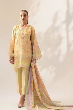 Yellow Silk Set For Summer, Summer Multicolor Lawn Suit With Resham Embroidery, Yellow Bollywood Style Floral Kurta, Yellow Printed Mulmul Palazzo Set, Yellow Mulmul Palazzo Set With Printed Motifs, Yellow Silk Sets With Printed Motifs, Multicolor Anarkali Unstitched Suit For Summer, Yellow Cotton Salwar Kameez With Floral Print, Yellow Silk Sets With Floral Print