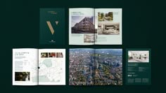 an open brochure with images of buildings and streets in the city, on a dark green background