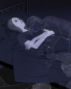 a drawing of a woman laying in bed