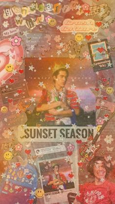 a collage of photos and stickers with the words sunset season written on them