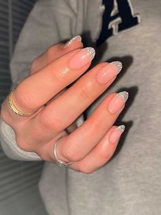 Glitter French Nails, Prom Nails Silver, Hoco Nails, Glitter Tip Nails, French Tip Nail Designs, Formal Nails, Sparkle Nails