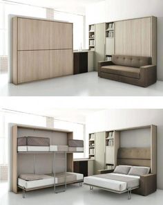 two pictures of a bed with a couch in the middle and a bookcase on the other side